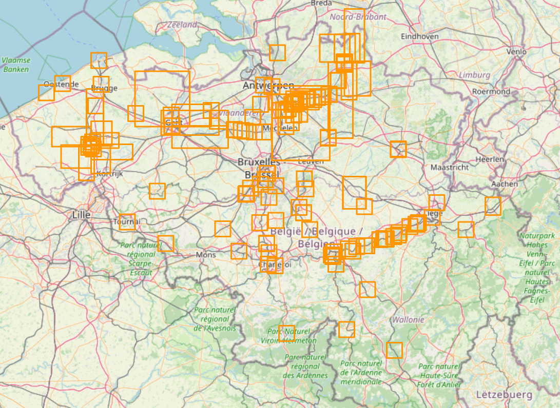 Map of Belgium with several bounding boxes; most of the country is covered, though the most populated areas have more changesets than others