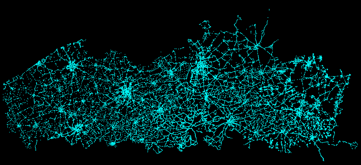 A plot of all bus stops in Flanders, we observe a concentration of data on larger cities but the entire territory is covered anyway