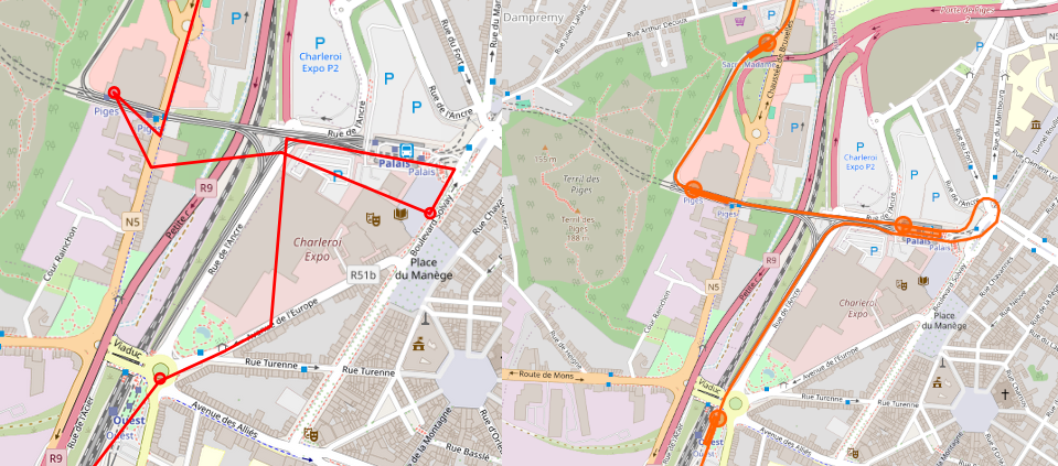 Itinerary of an underground tram line in Charleroi, one part shows a fuzzy line (GTFS) crossing itself, the other part shows the same line in OSM with natural curves and stops on the correct location