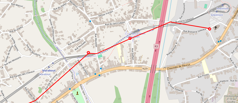 Itinerary of an underground tram line as seen from GTFS on top of a correct OSM map; the GTFS itinerary is simplified and runs several hundreds meters away from the real location of the tunnel