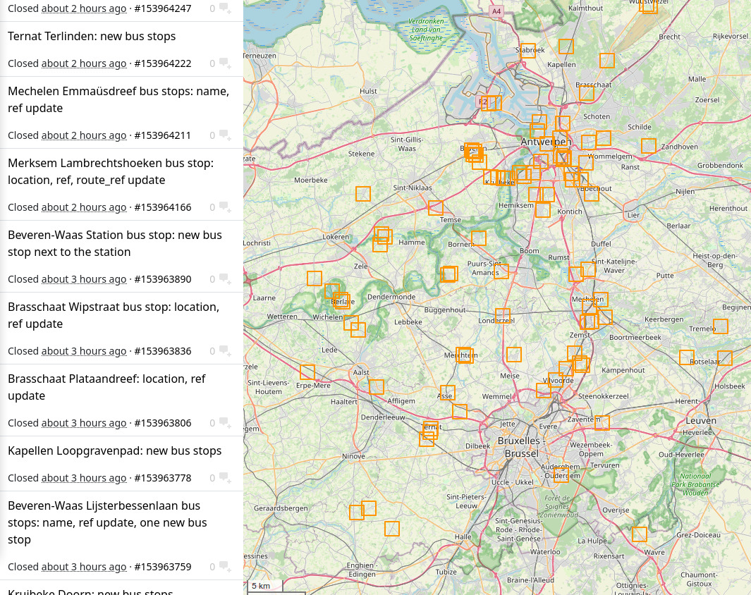 View of about 100 changes around Brussels, Antwerp and Ghent on a single day solely to update stop codes on existing data