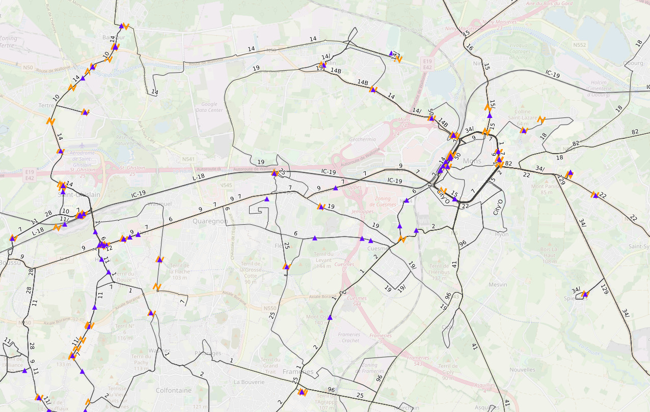 OSM Inspector showing bus routes with mistakes near Mons, in Belgium, the number of bad routes is overwhelming