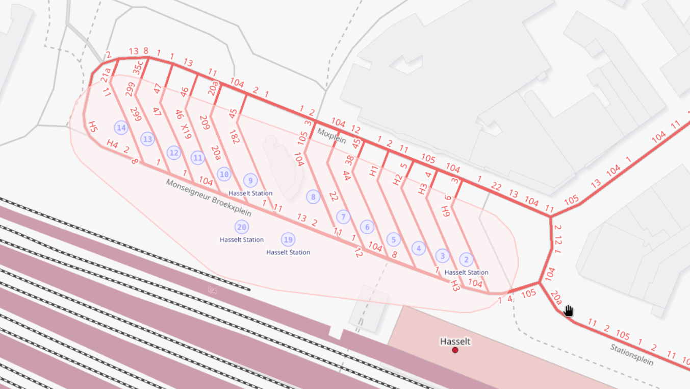 Bus station in Hasselt seen on the OSM Transport Layer, all the stops are joined together and a small number is automatically added on every single platform for identification